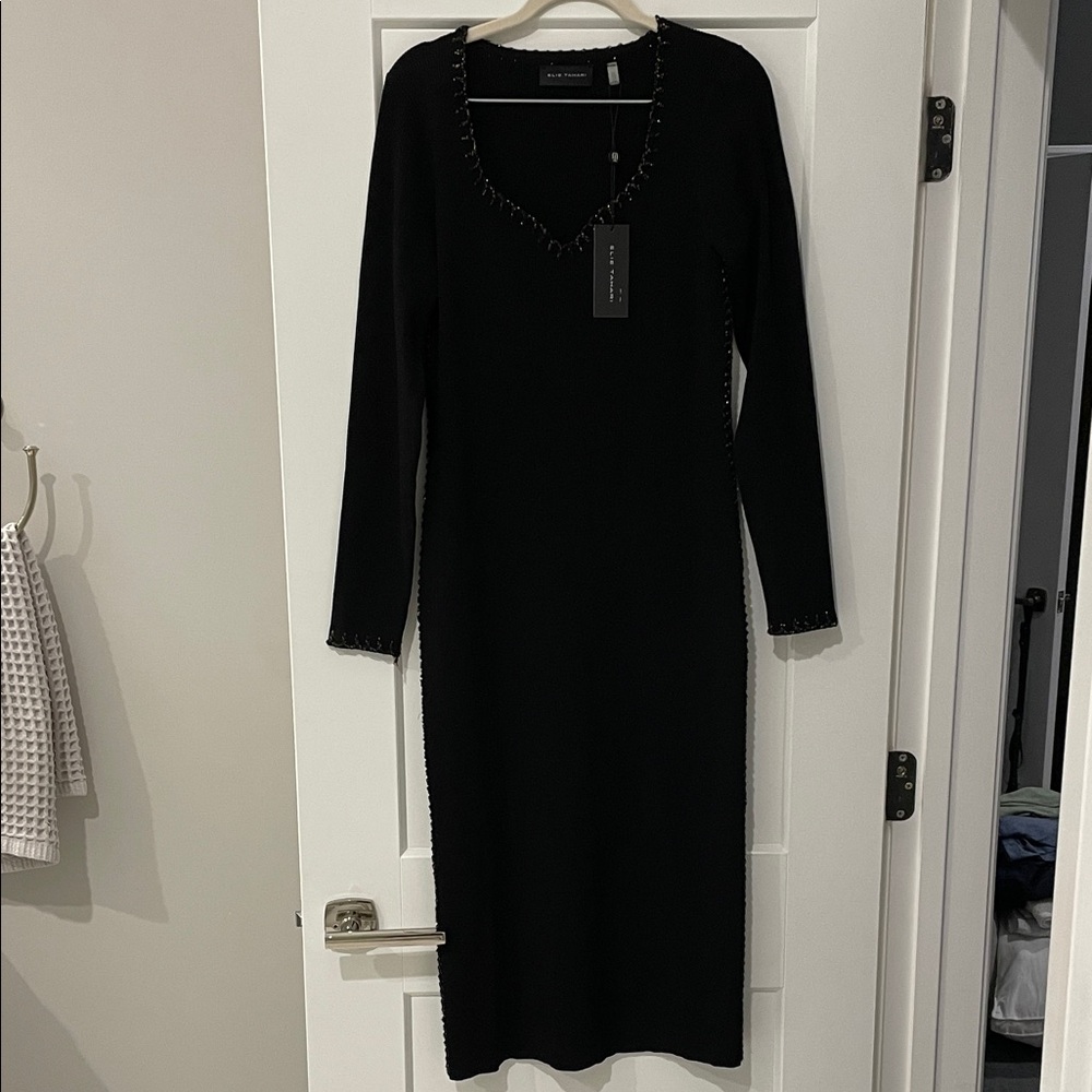 NWT Black Elie Tahari knit dress. Size L. Gold detail.